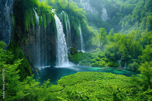 Exotic waterfall and lake landscape lush greenery  natural beauty and tranquility of lakes National Park. showcasing the beauty of nature for Ads  banner  magazine. Generative AI