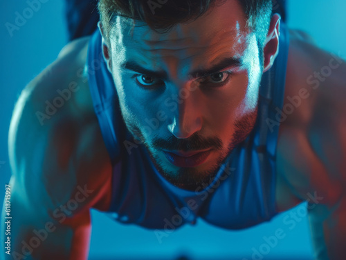 A man is doing a push up with his arms crossed. He has a serious look on his face photo