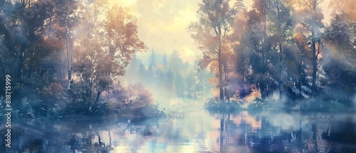 Visualize a panoramic window view of a serene  misty forest at dawn with soft pastel hues in watercolor  perfect for a peaceful living room ambiance