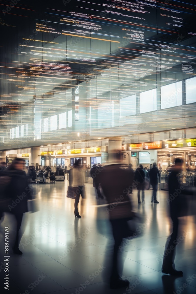 Busy airport terminal with motion blur and flight information 