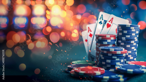 Close up of pile poker chips cards on table, banner