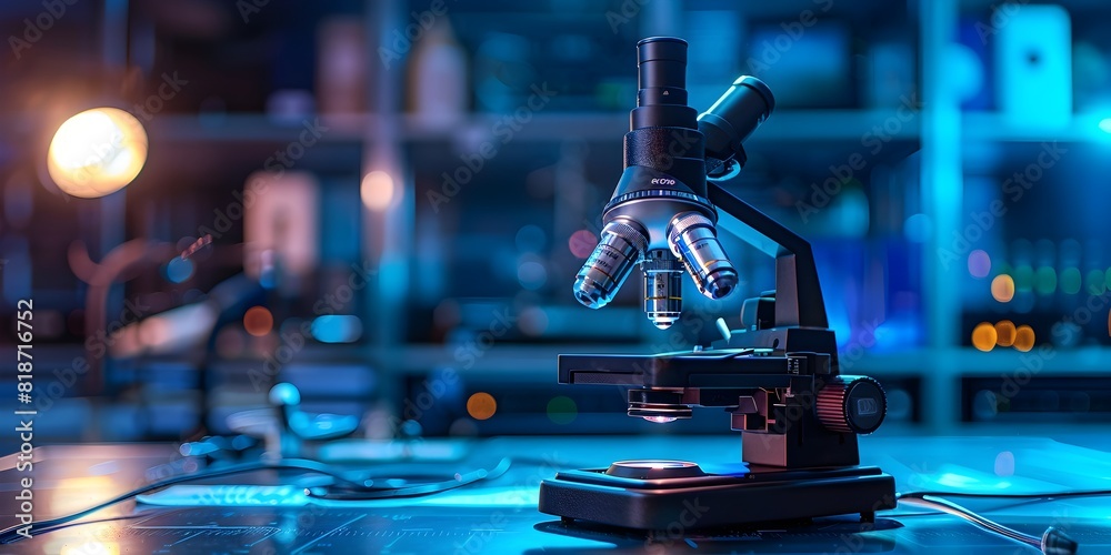 Microscope on Illuminated Laboratory Desk Showcasing Scientific Discovery and Innovation Microscope on Illuminated Laboratory Desk Showcasing Scientific Discovery and Innovation