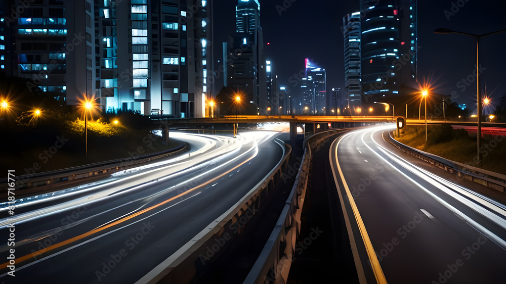 Naklejka premium High speed light effect or highway motion light trails abstract background of urban city ai image generative