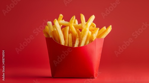 Golden Crispy French Fries in Red Box Against Red Background