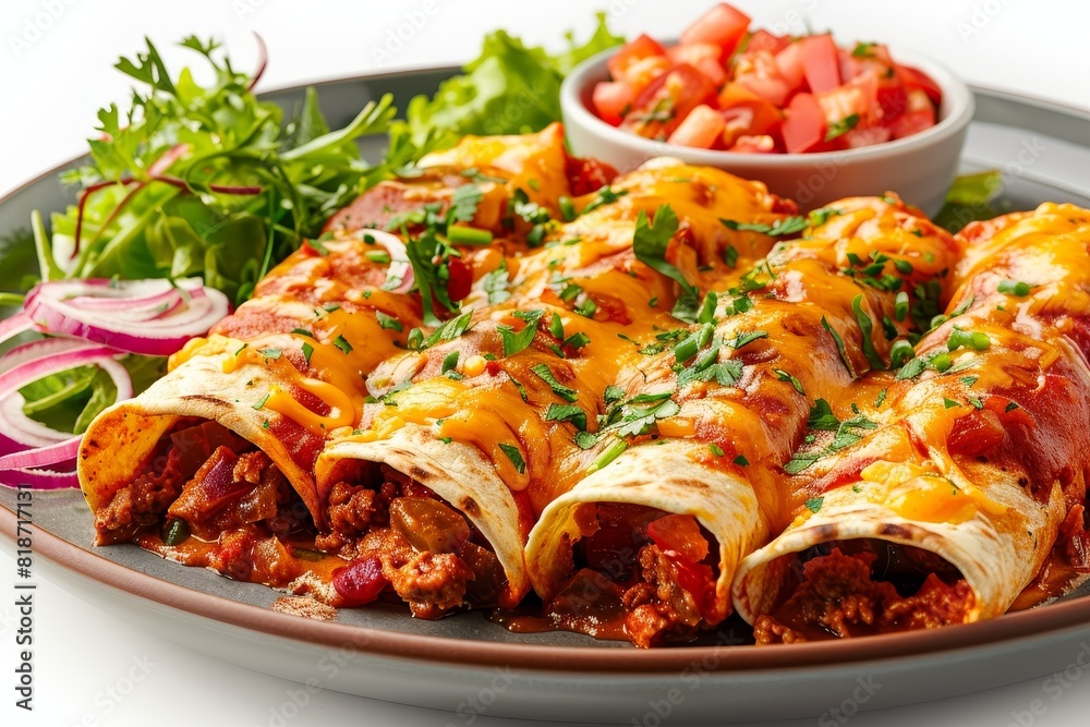 A plate of vibrant enchiladas with colorful sauces, captured from a top angle on a white background A plate of vibrant enchiladas with colorful sauces, captured from a top angle on a white background