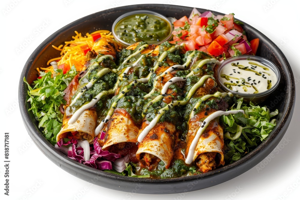 Top view of a plate of enchiladas with vibrant sauces, set against a white background Top view of a plate of enchiladas with vibrant sauces, set against a white background