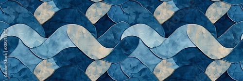 Blue and Beige Wavy Abstract Pattern with Mosaic Texture