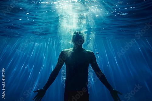 Man with outstretched arms drowning in water photo