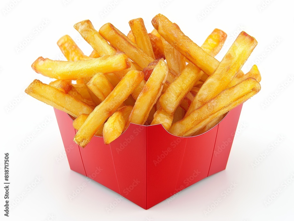 Top angle shot of French fries in a red carton, bright white isolated background Top angle shot of French fries in a red carton, bright white isolated background