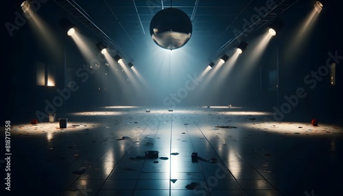 A dimly lit empty hall with a large disco ball and scattered garbage on the floor, remnants of a party, creating a moody and deserted atmosphere. photo