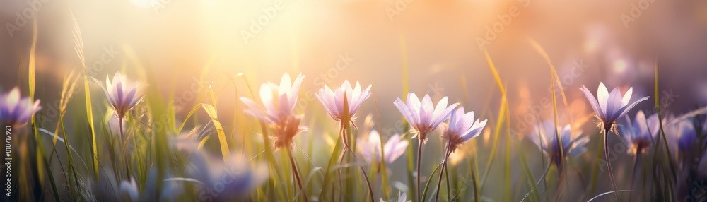 Wild flowers in the grass in backlight