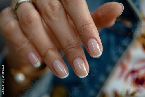Close up of woman s hand with elegant neutral colors manicure. Luxury hand care. High-resolution. Beautiful simple AI generated image in 4K  unique.