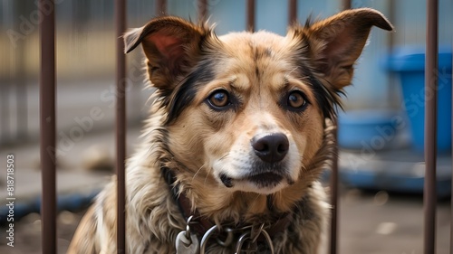 A stray dog in a cage at an animal shelter. A dejected and ravenous dog  abandoned behind the antiquated and corroded cage of the animal shelter. Dog adoption  pet rescue  and assistance