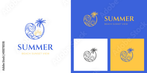 Wave beach and palm tree logo illustration linear style for summer vibes logo symbol, travel or adventure outdoor logo template