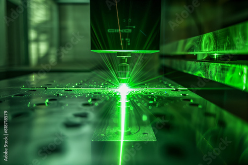 A close up of a laser machine with a green laser light photo