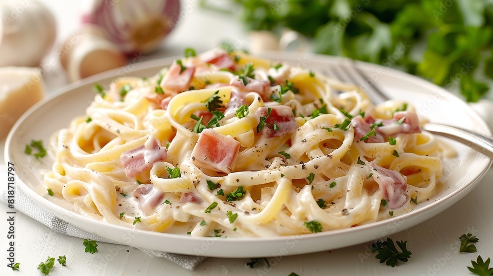 Top view of carbonara pasta, creamy texture, on a white background, beautifully captured from above Top view of carbonara pasta, creamy texture, on a white background, beautifully captured from above