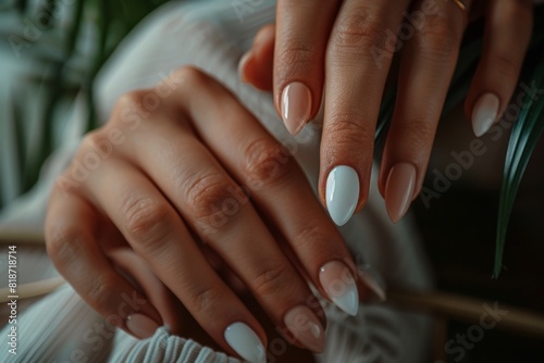 Women's manicure shellac soft pink color close-up. Beautiful simple AI generated image in 4K, unique. photo