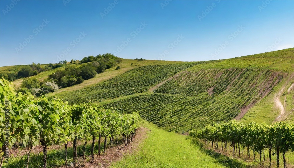 Naklejka premium A picturesque vineyard on rolling hills under a clear blue sky. 