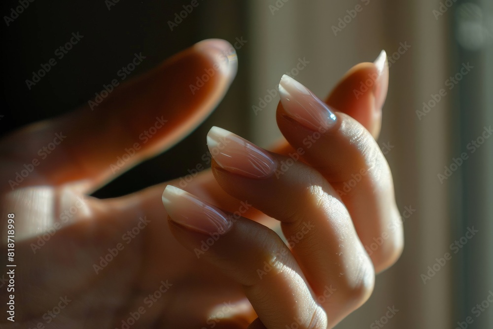 Beautiful woman's hand with well-groomed nails in a beige color, captured from the side in a closeup, with a bokeh background,. Beautiful simple AI generated image in 4K, unique. Beautiful woman's hand with well-groomed nails in a beige color, captured from the side in a closeup, with a bokeh background,. Beautiful simple AI generated image in 4K, unique.