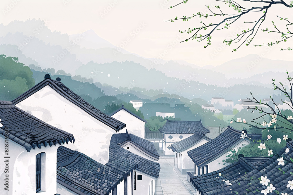 Chinese ink painting style Jiangnan rural spring illustration, spring village rural scene illustration