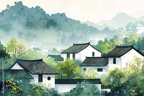 Chinese ink painting style Jiangnan rural spring illustration, spring village rural scene illustration © lin