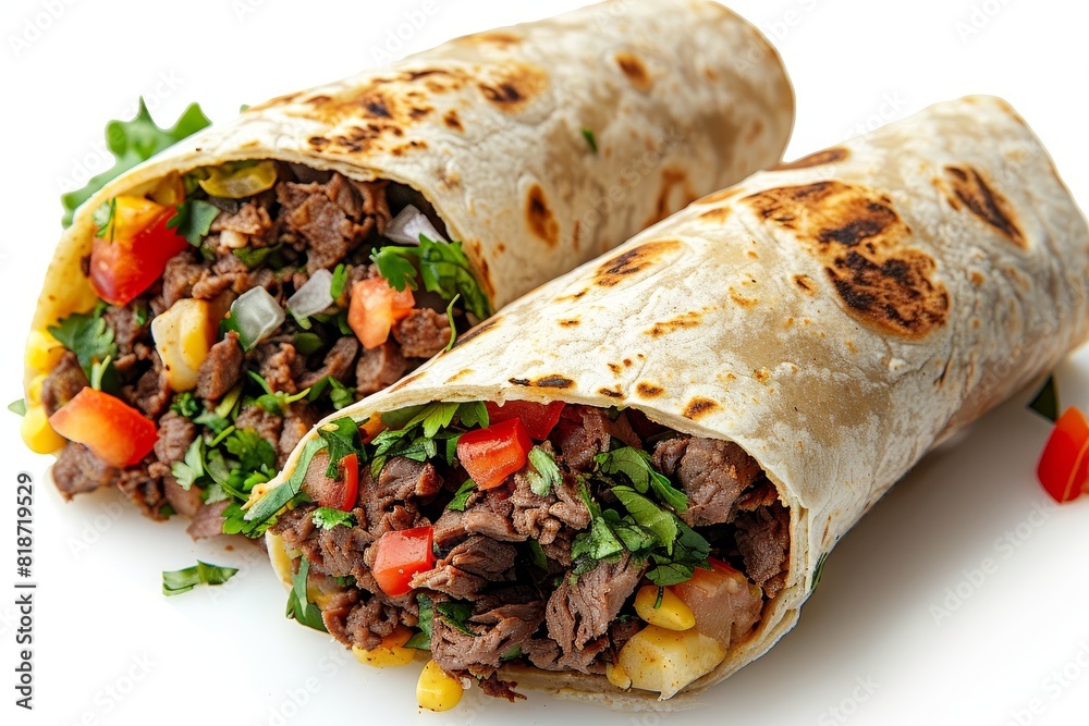 Top shot of a beef burrito, vibrant fillings showcased, on a white background Top shot of a beef burrito, vibrant fillings showcased, on a white background