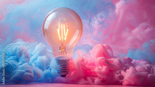 A light bulb is lit up in a room with pink and blue smoke. The smoke is coming from a machine that is spraying the room with a mist