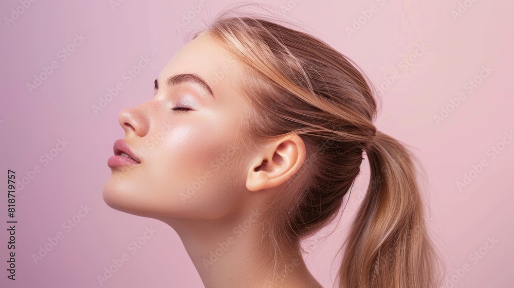 Profile face, beauty, woman Relax with blonde hair, skincare, or natural cosmetics. Portrait of self-love, wellness, or youth on purple backdrop. Profile face, beauty, woman Relax with blonde hair, skincare, or natural cosmetics. Portrait of self-love, wellness, or youth on purple backdrop.