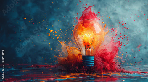A light bulb is surrounded by a splash of paint, creating a sense of energy and creativity. The bright light of the bulb contrasts with the dark background, emphasizing the explosion of color