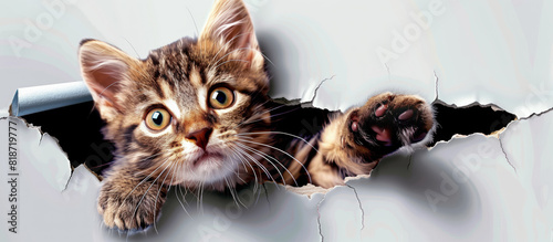 Kitten sticking head out of white torn paper, Kitten in hole of paper, Little fluffy tabby cat peeking out of torn white background, Kitten trying to escape, AI generated photo