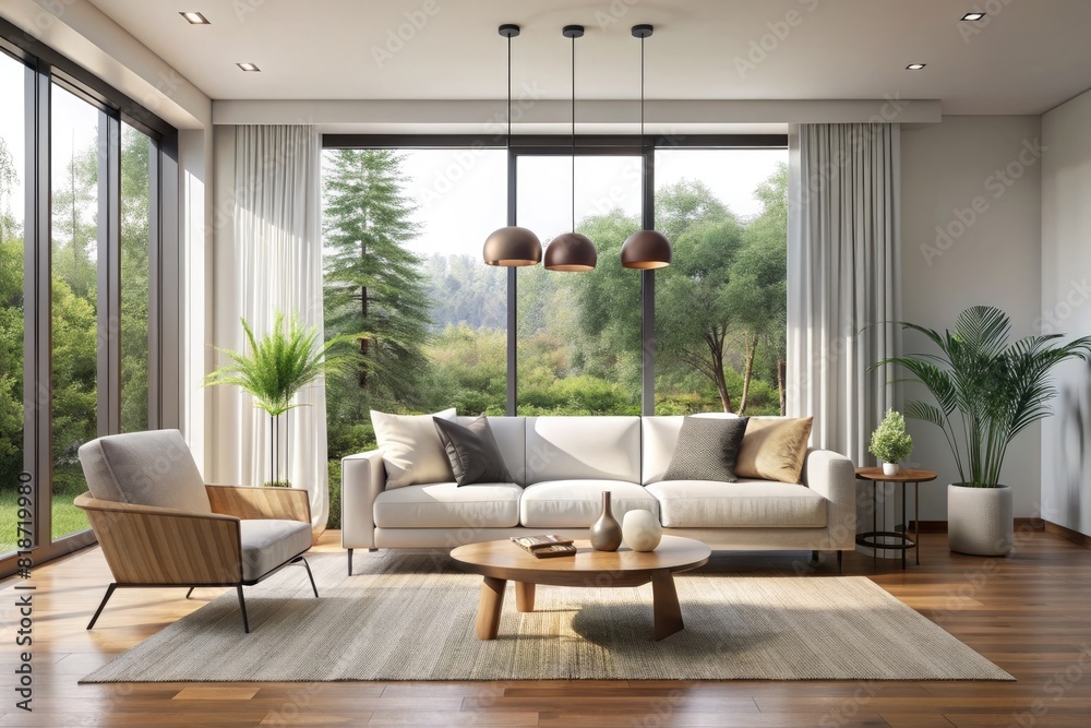 Modern Living Room with Natural Light. Minimalist Decor Concept. Bright and airy living room with a minimalist aesthetic, featuring a white sofa, simple furniture, and large windows. Modern Living Room with Natural Light. Minimalist Decor Concept. Bright and airy living room with a minimalist aesthetic, featuring a white sofa, simple furniture, and large windows.