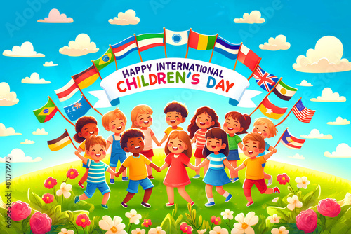 Wallpaper Mural children of different nationalities hold hands and play together in a lush green park with blooming flowers Torontodigital.ca