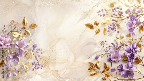 
Illustration with acrylic paints interspersed with marble textures, lilac flowers on golden twigs with golden leaves, beige gradient background