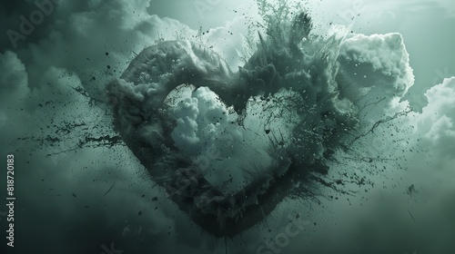 An abstract representation of a heart-shaped cloud breaking apart, conveying the emotional storm of a broken heart. photo