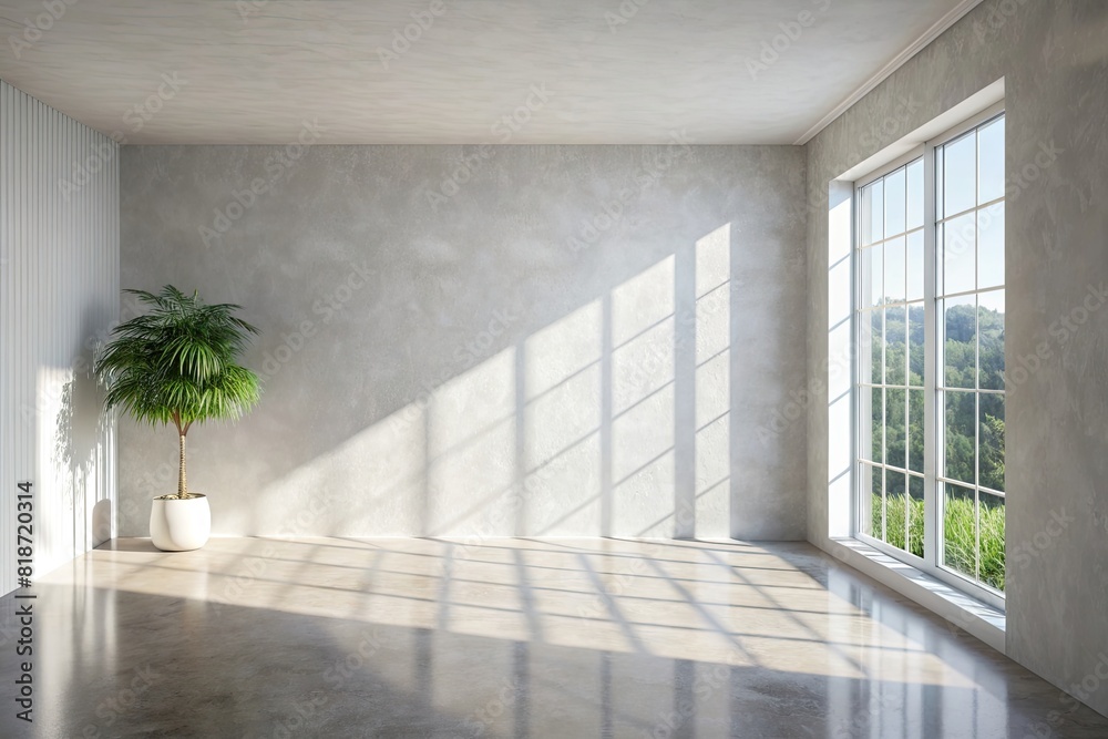 Obraz premium Realistic and minimalist blurred natural light windows, shadow overlay on wall paper texture, abstract background. Minimal abstract light white background for product presentation.