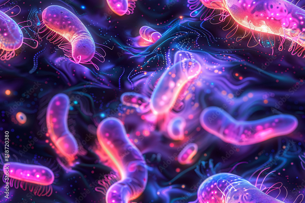 Close-up of bacteria and viruses under microscope, 3d illustration of science concept Close-up of bacteria and viruses under microscope, 3d illustration of science concept