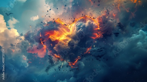 An abstract representation of a heart-shaped cloud breaking apart  conveying the emotional storm of a broken heart.