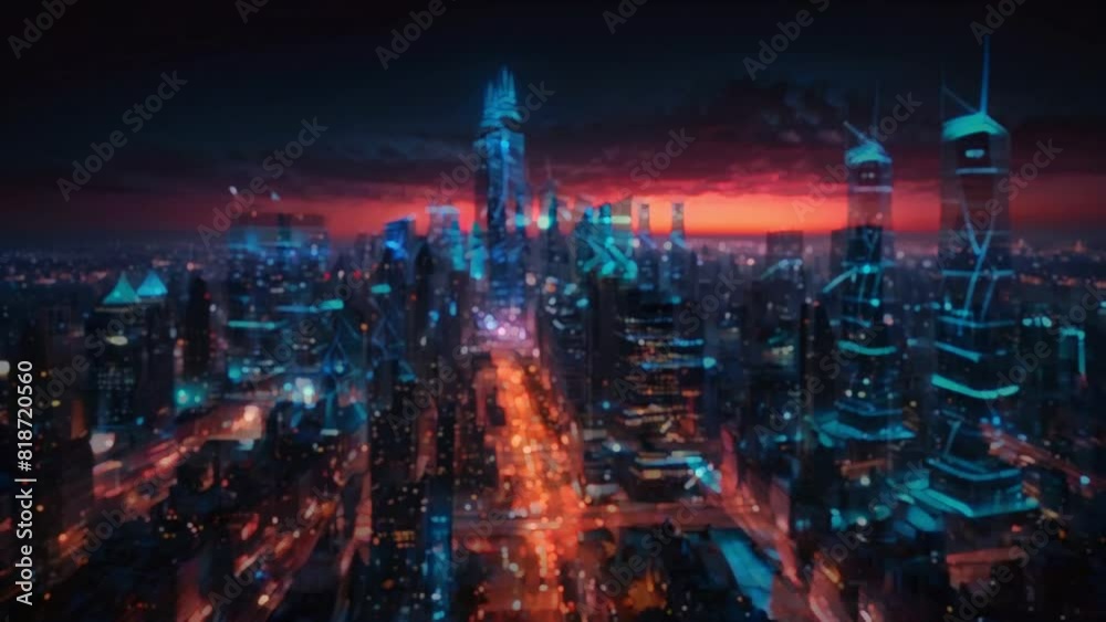 Marvel at the captivating sight of a modern cityscape at evening, ablaze with illuminated skyscrapers and a flurry of car traffic on the streets, encapsulating the essence of nightlife