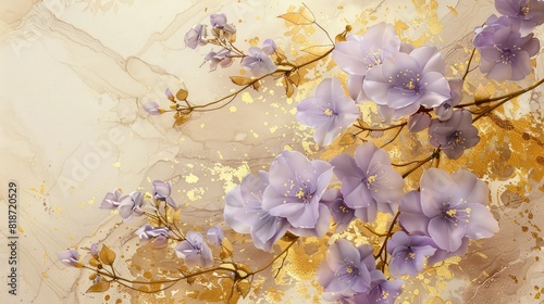 
Illustration with acrylic paints interspersed with marble textures, lilac flowers on golden twigs with golden leaves, beige gradient background