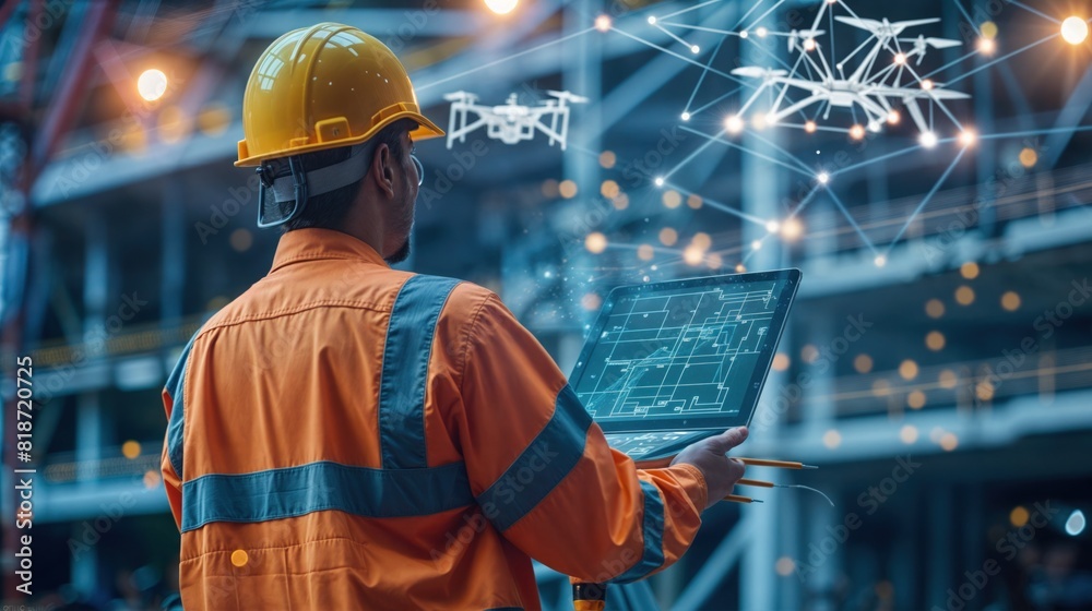 A man wearing an orange safety jacket is engrossed in using a laptop at a construction site. He appears focused on his work amidst the equipment and materials around him A man wearing an orange safety jacket is engrossed in using a laptop at a construction site. He appears focused on his work amidst the equipment and materials around him