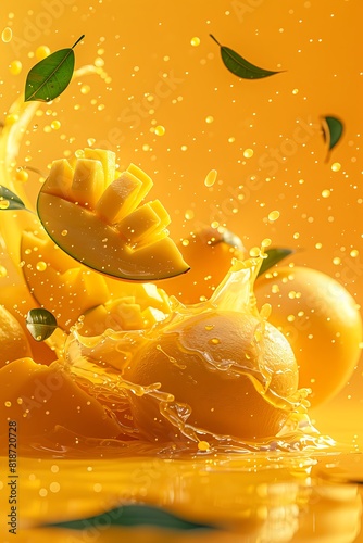Mango juice splash with fresh mango and leaves on a yellow background.