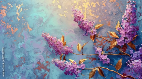 Abstract colorful art background with lilac flowers and gold flecks on a blue background, sprayed gold on leaves and on the background, artist's drawing