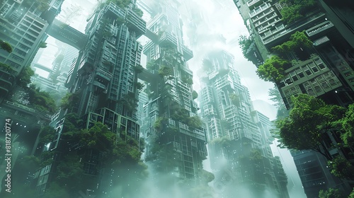 A photo of a post apocalyptic city with overgrown vegetation