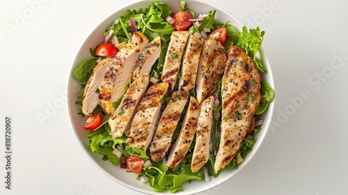 A chicken salad bowl, viewed from the top, stands alone against a bright white backdrop