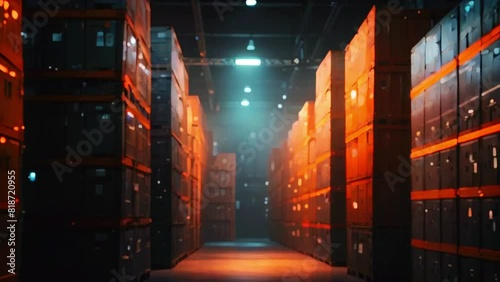Explore the vast expanse of a megastore/warehouse corridor from an aerial perspective, with shelves stacked high with boxes, in this AI-generated video. photo