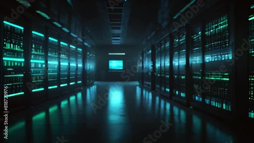 Witness the seamless operation of a cloud computing data center in this animation, offering an immersive walkthrough of server racks and data storage facilities. photo