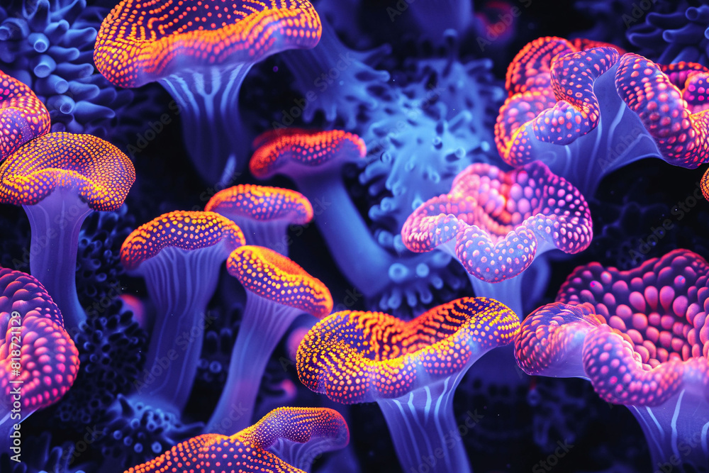 Close-up of bacteria and viruses under microscope, scientific concept of marine life 3d illustration Close-up of bacteria and viruses under microscope, scientific concept of marine life 3d illustration