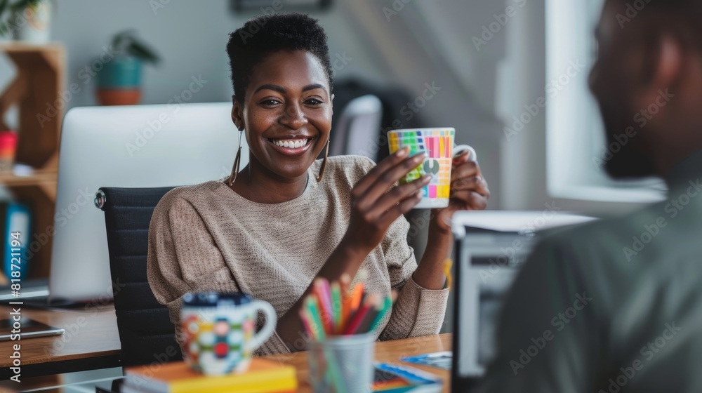 Smile, black woman at creative office desk and coffee break with laptop and cup. Tea, gratitude, and joyful African businesswoman at startup PC with coworker's mug. Smile, black woman at creative office desk and coffee break with laptop and cup. Tea, gratitude, and joyful African businesswoman at startup PC with coworker's mug.