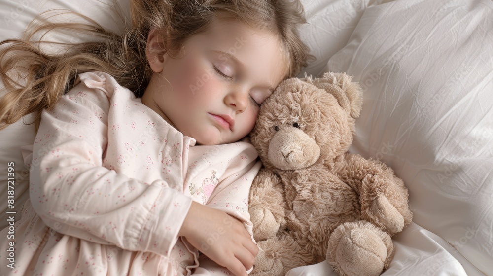 Gorgeous baby girl napping in bed with plush animal. Sleeping baby on white bed with teddybear, pink clothes, and blanket. Typical nap for mixed-race newborn Gorgeous baby girl napping in bed with plush animal. Sleeping baby on white bed with teddybear, pink clothes, and blanket. Typical nap for mixed-race newborn