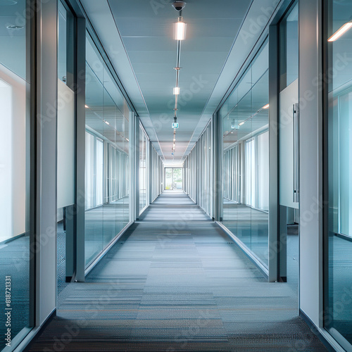 Modern office corridor with glass walls  reflection on shiny floor. Contemporary corporate business environment. 